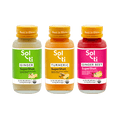 Three Sol-ti SuperShot glass bottles: GINGER, TURMERIC, and GINGER BEET