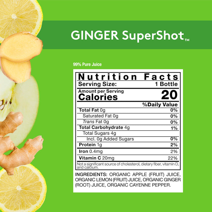 Green background with GINGER SuperShot Nutrition Facts panel, details on product page