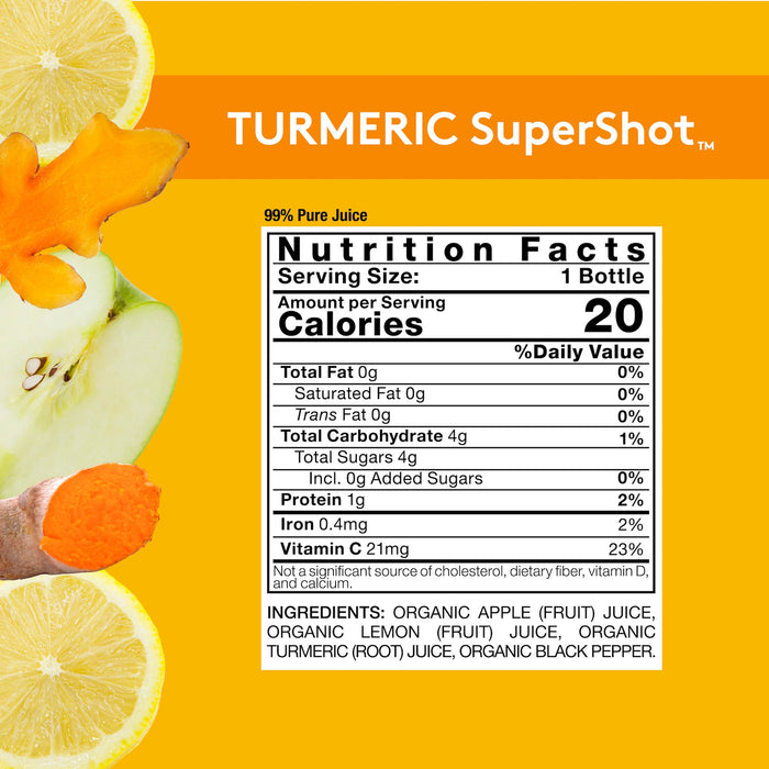 Orange background with TURMERIC SuperShot Nutrition Facts panel, details on product page