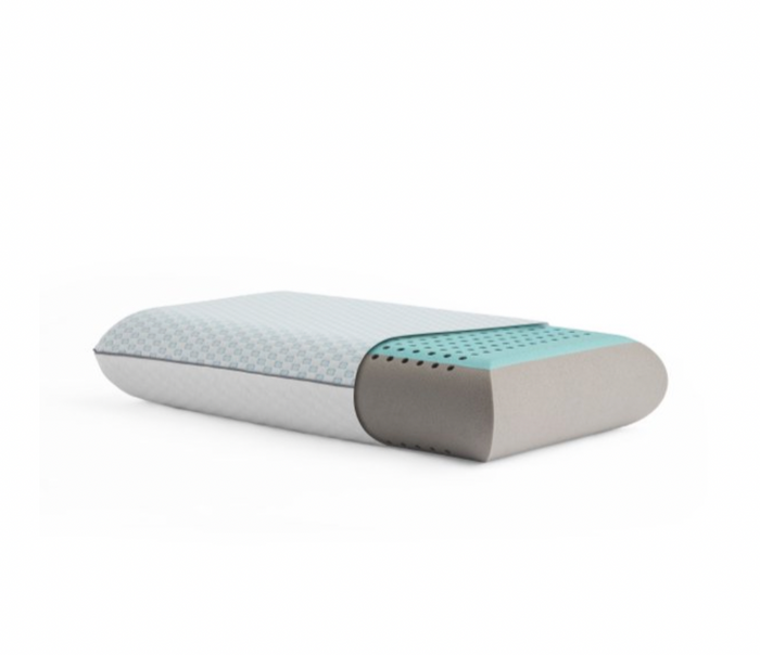 The Malouf EverRest Bamboo Charcoal Pillow + Cooling Cover features a modern rectangular shape, silver-grey base, light blue top with subtle pattern, ventilation holes, and a turquoise accent for ergonomic comfort and cooling.