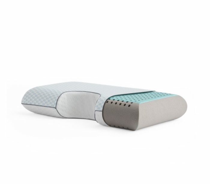 The Malouf EverRest Bamboo Charcoal Pillow + Cooling Cover features a contoured memory foam design with a white diamond-patterned surface, light blue ventilated layer, and dense gray core, all engineered for ergonomic comfort and support.