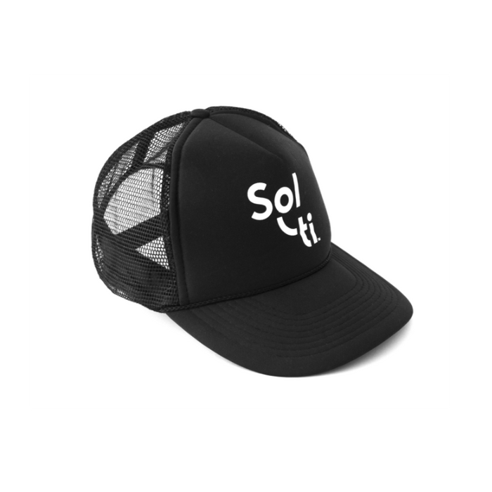 black trucker hat with Sol-ti white logo shown against a light background