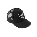 black trucker hat with Sol-ti white logo shown against a light background