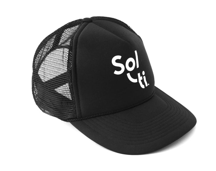 black trucker hat with Sol-ti white logo shown against a light background