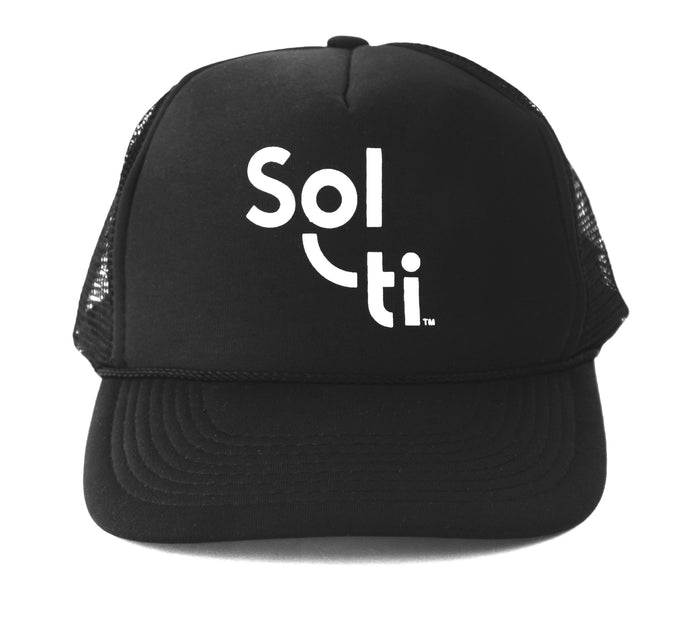 black trucker hat with Sol-ti white logo front view shown against a light background