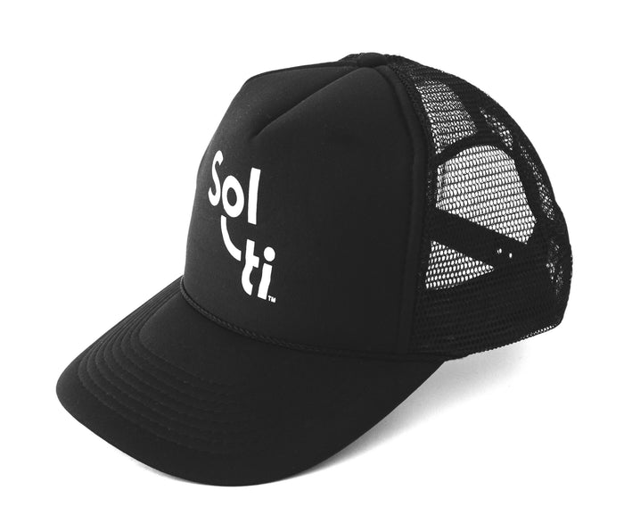 black trucker hat with Sol-ti white logo left view shown against a light background