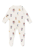 Footie with Mickey Mouse and Friends print on an oat background