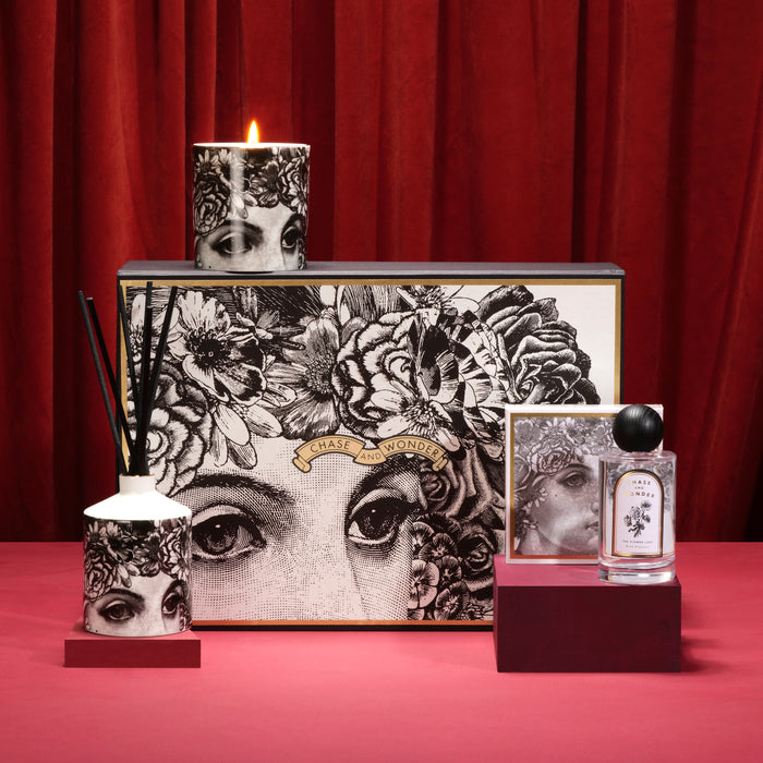 For Rose Lovers: The Flower Lady Gift Set by Chase and Wonder, luxury gift box with candle, matches and room spray