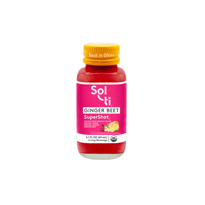 Sol-ti GINGER BEET SuperShot glass bottle with a bright pink front label, in light background.