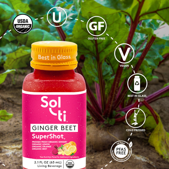 GINGER BEET SuperShot; USDA Organic, kosher, gluten-free, vegan, cold-pressed, PFAS FREE