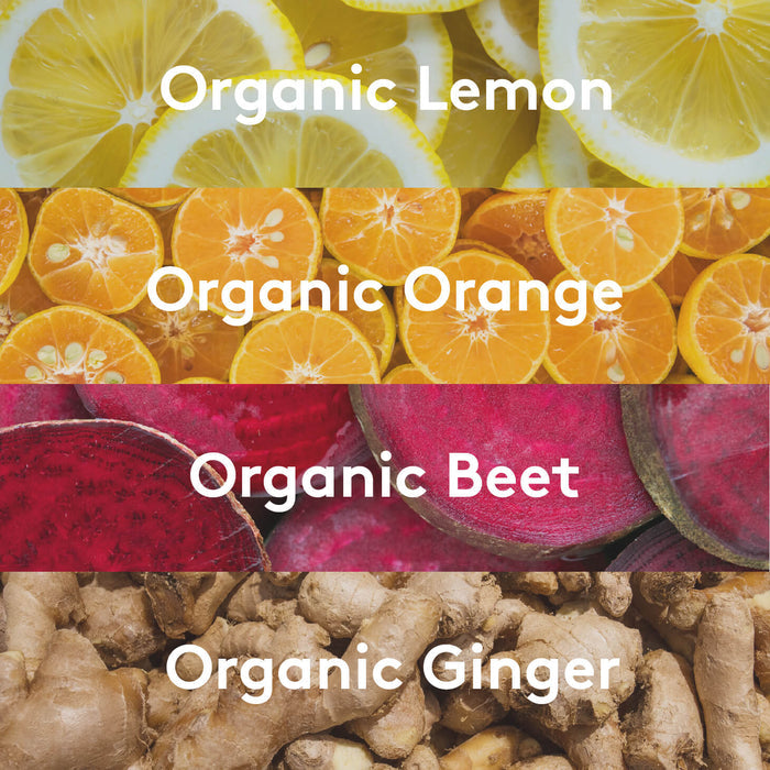 Ingredient visuals graphic listing organic lemon, orange, beet, and ginger