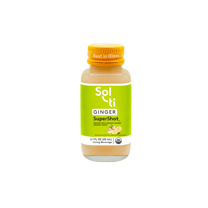 Sol-ti GINGER SuperShot Glass Bottle with a bright green front label, in light background.