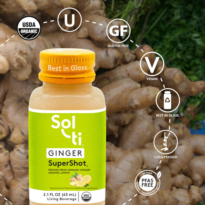 GINGER SuperShot; USDA Organic, kosher, gluten-free, vegan, glass bottle, cold-pressed, PFAS FREE