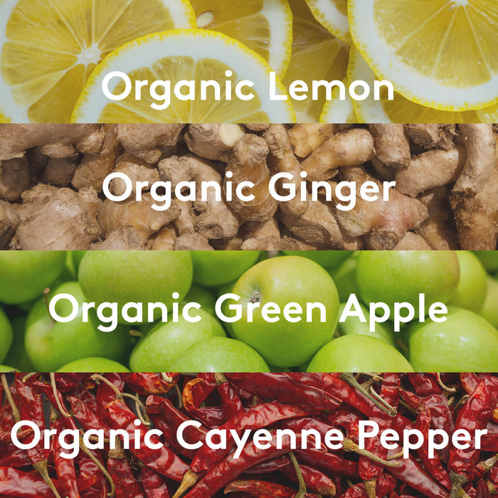 Ingredient visuals graphic listing organic lemon, ginger, green apple, and cayenne pepper