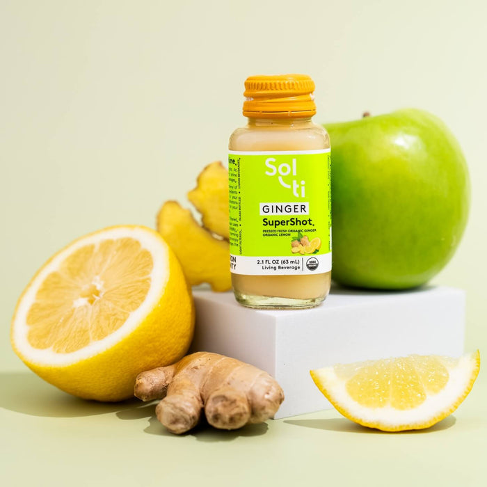 Sol-ti GINGER SuperShot glass bottle with front label with ginger root, , lemon slice and green apple