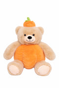A plush teddy bear dressed as a pumpkin, featuring a beige body, a bright orange pumpkin-shaped belly, and a small orange hat with a green stem, set against a plain white background.