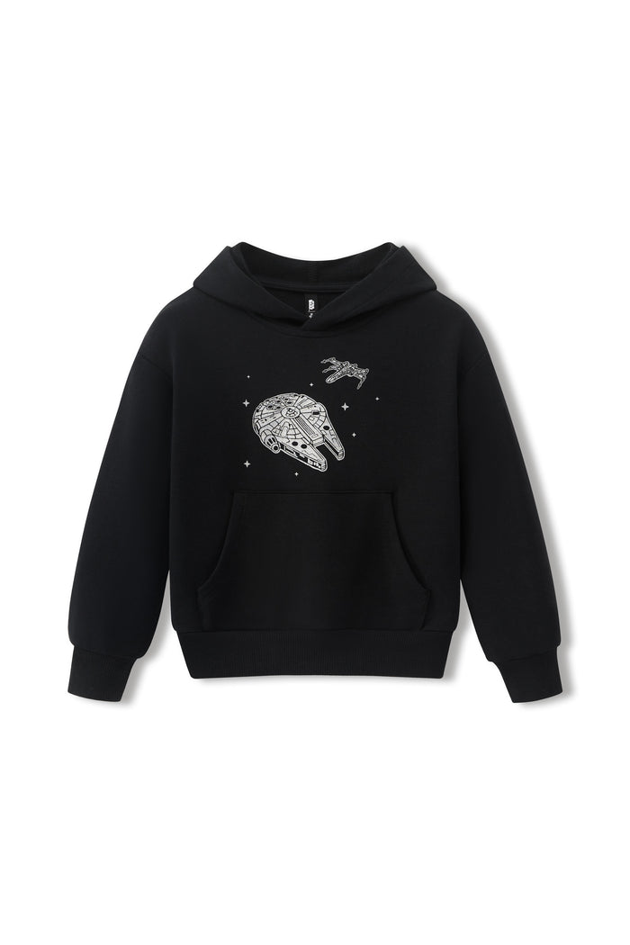 A black pullover hoodie featuring a silver graphic of the Millennium Falcon and a small spaceship on the chest, displayed against a plain white background.