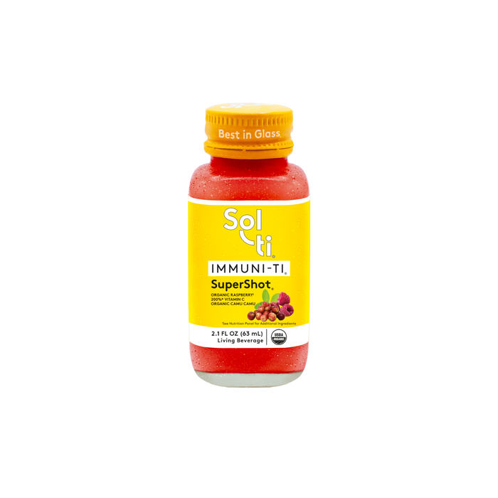 Sol-ti IMMUNI-TI SuperShot Glass Bottle with a bright yellow front label, in light background