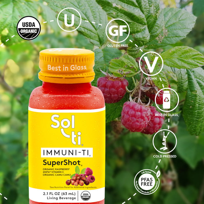 IMMUNI-TI SuperShot; USDA Organic, kosher, gluten-free, vegan, glass bottle, cold-pressed, PFAS FREE
