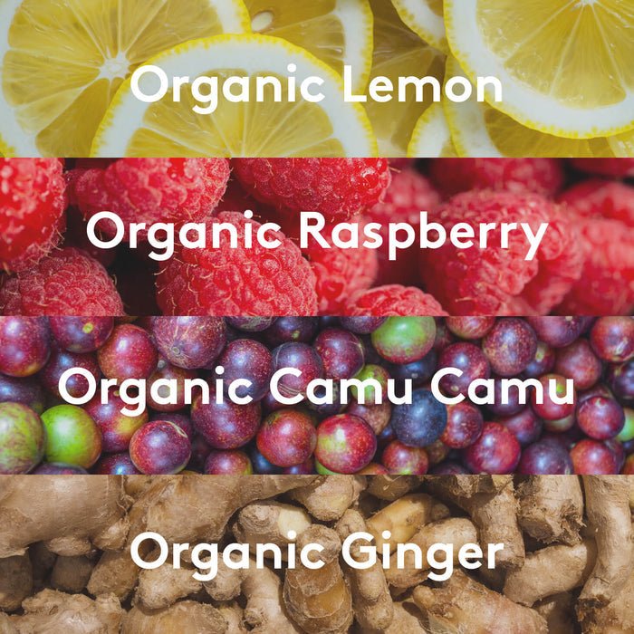 Ingredient visuals graphic listing organic lemon, raspberry, camu camu, and ginger