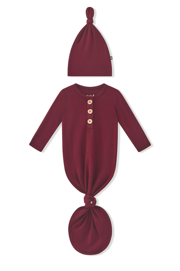 Knotted Day Gown with Hat Set in Burgundy on a white background