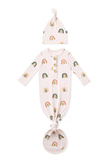 Vanilla cream Knotted Gown with Hat Set in Retro Rainbow print on a white background