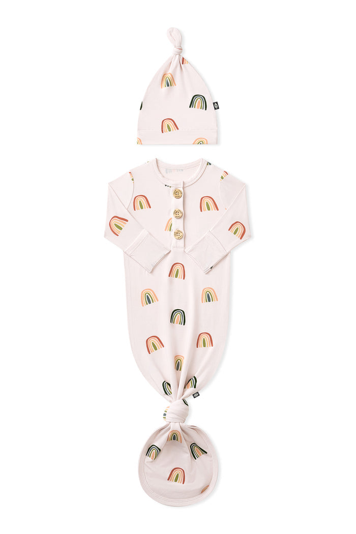 Vanilla cream Knotted Gown with Hat Set in Retro Rainbow print on a white background