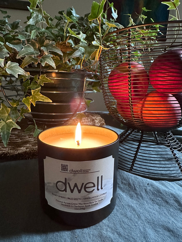 Large Tin Candle- dwell: smoky embers, palo santo, sandalwood, cypress