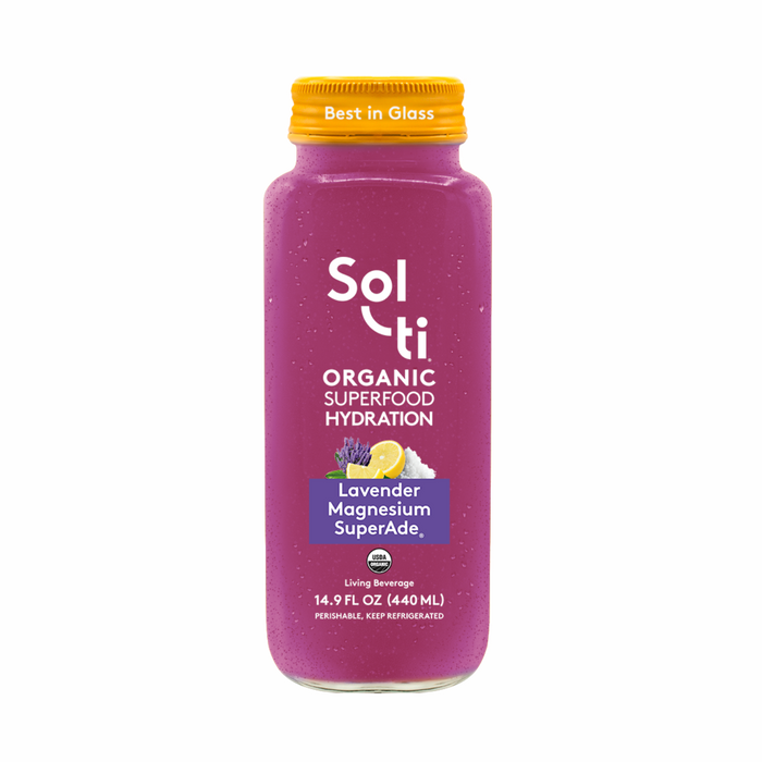 Sol-ti Lavender Magnesium SuperAde glass bottle with a transparent front label, in light background.