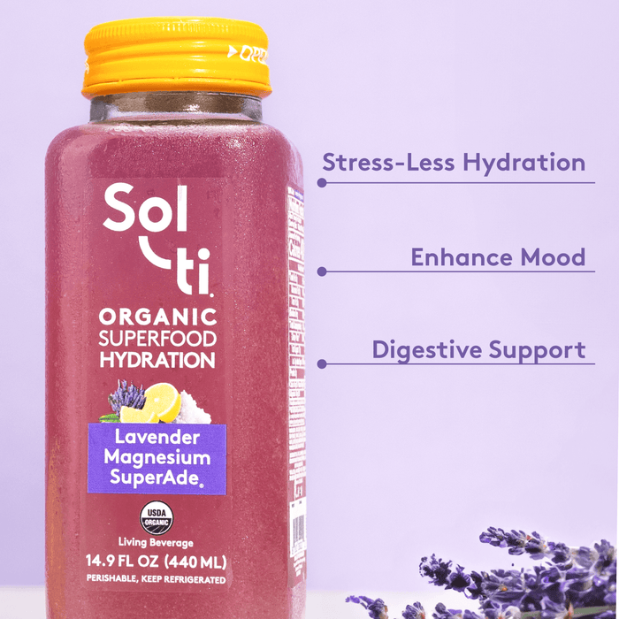 Sol-ti Lavender Magnesium SuperAde bottle front label, benefits: hydration, mood, and disgestive support