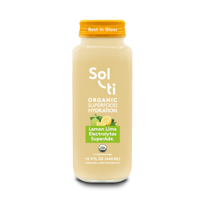 Sol-ti Lemon Lime SuperAde glass bottle with a transparent front label, in light background.