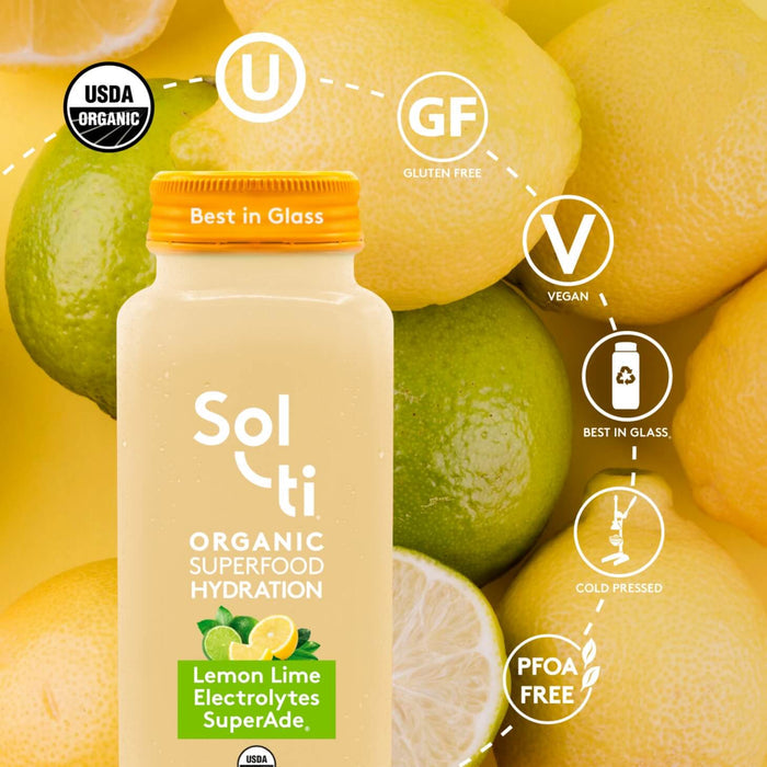 Lemon Lime SuperAde; USDA Organic, kosher, gluten-free, vegan, glass bottle, cold-pressed, PFAS FREE