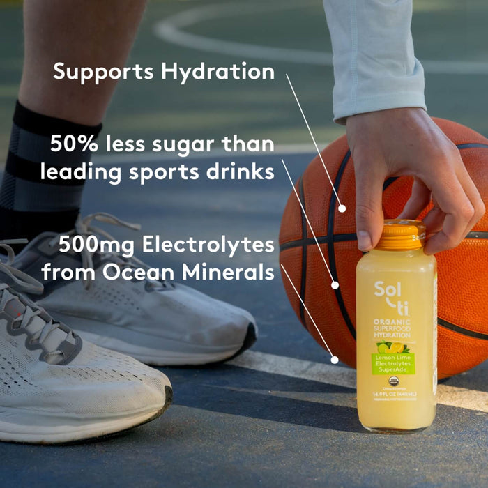 Lemon Lime SuperAde bottle front label, benefits: hydration, 500mg electrolytes and 50% less sugar