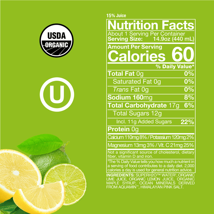 Light green background with Lemon Lime SuperAde Nutrition Facts panel, details on product page