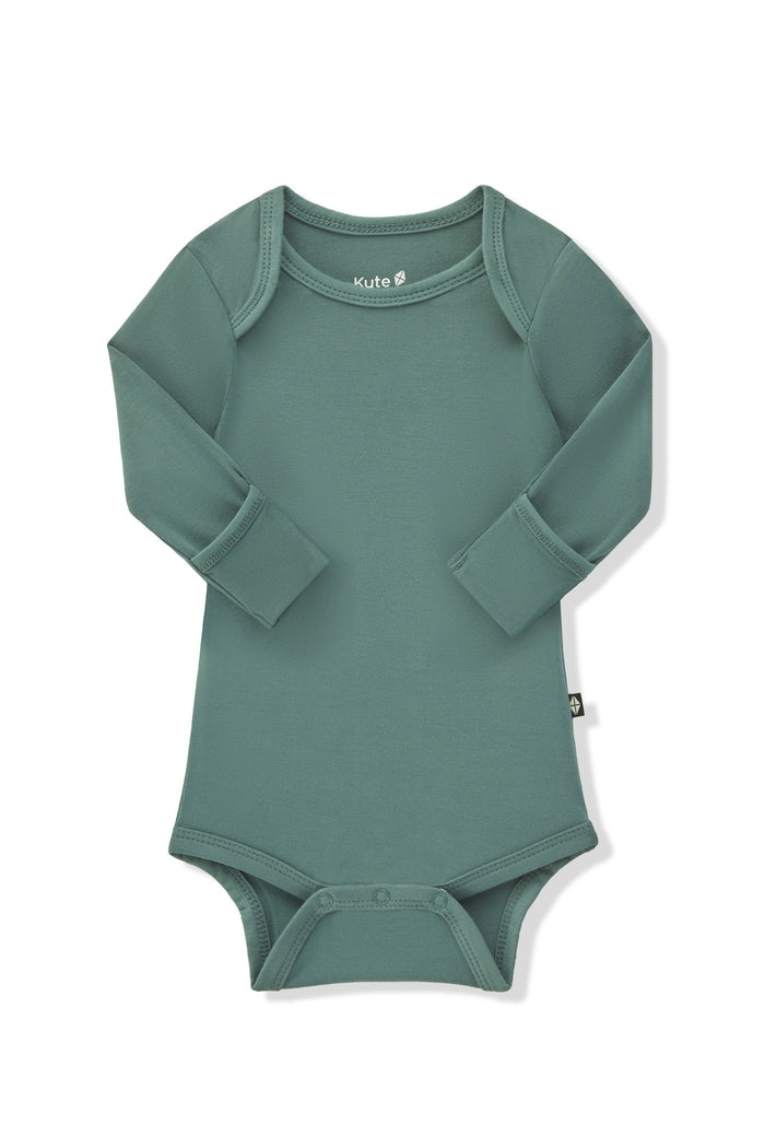 Arms of the Long Sleeve Bodysuit in Pine folded inward showing the fold over hand cuffs on a white background