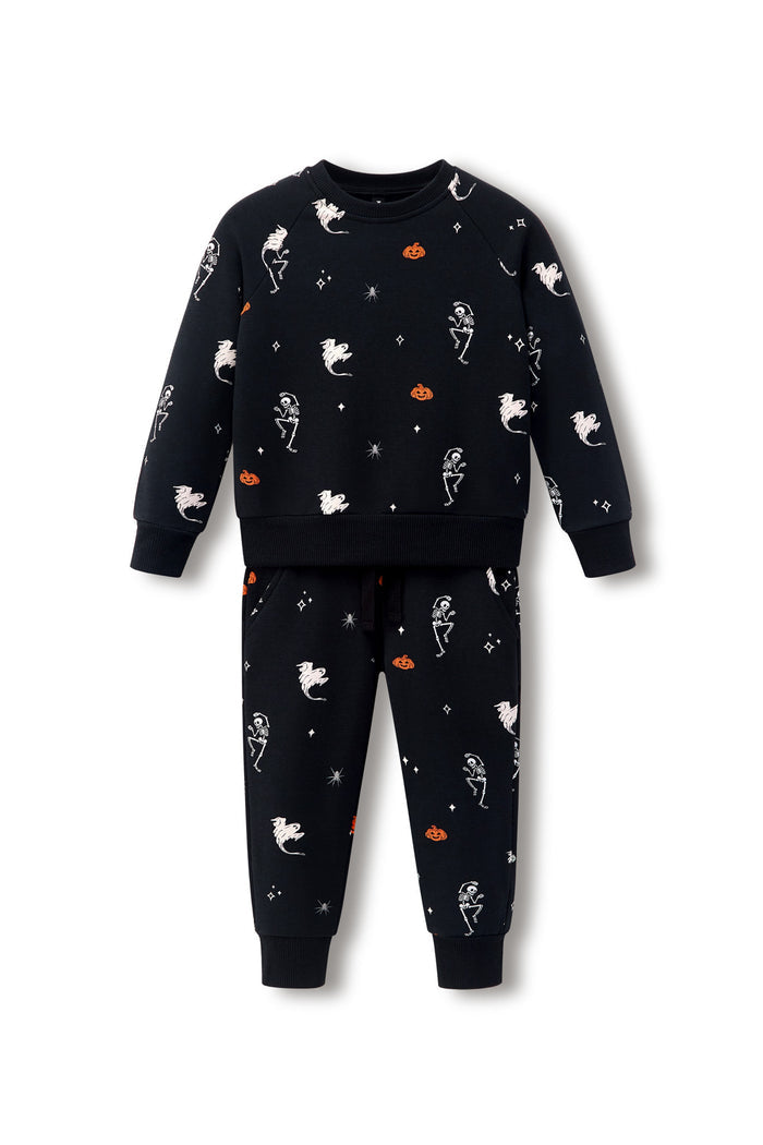 Black Long Sleeve Jogger Set in Halloween Friends print on a white background