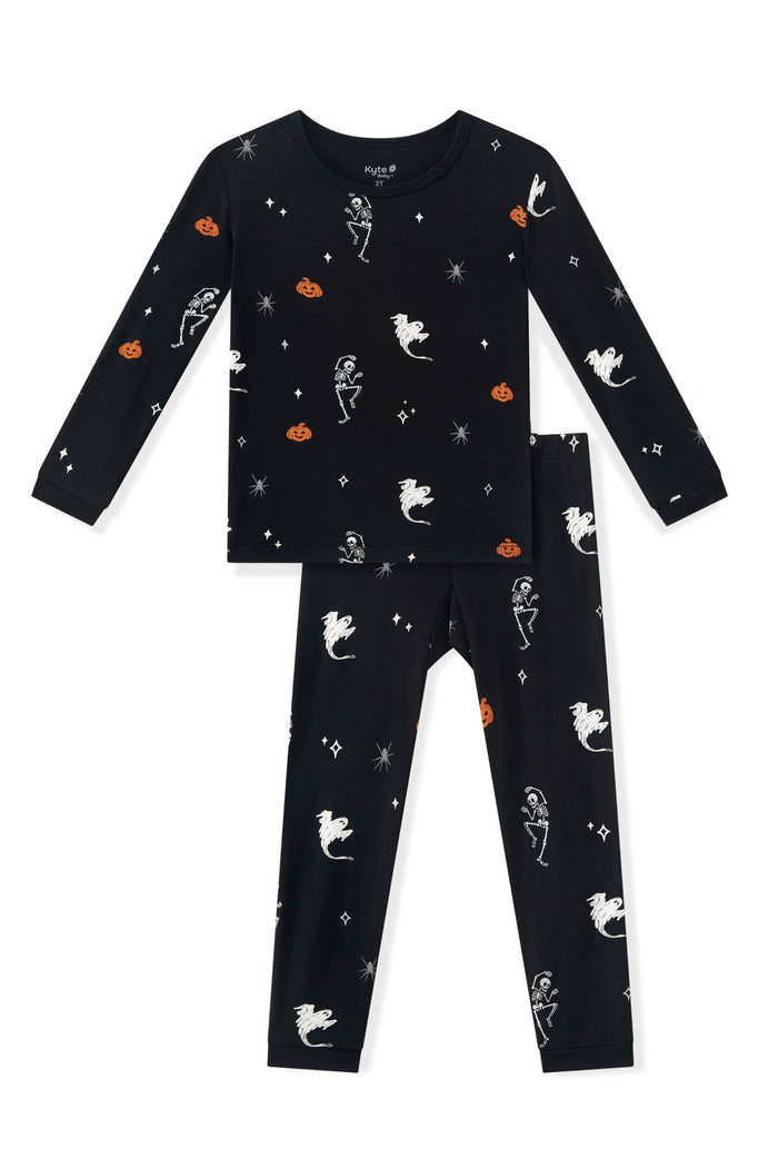 Black Long Sleeve Pajamas in Halloween Friends print on a white background