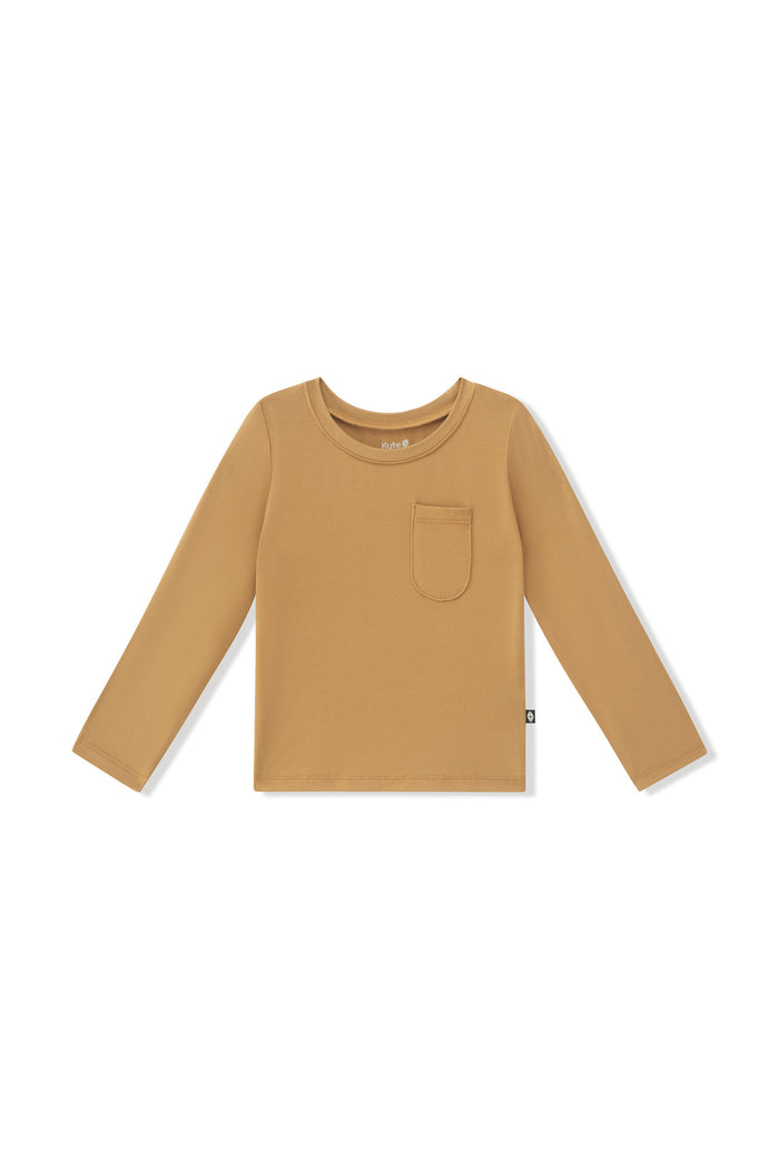 Long Sleeve Toddler Crew Neck Tee in Ochre on a white background