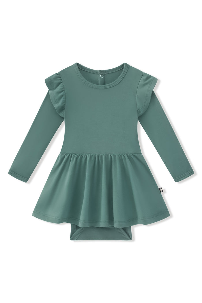 Long Sleeve Twirl Bodysuit Dress in Pine on a white background