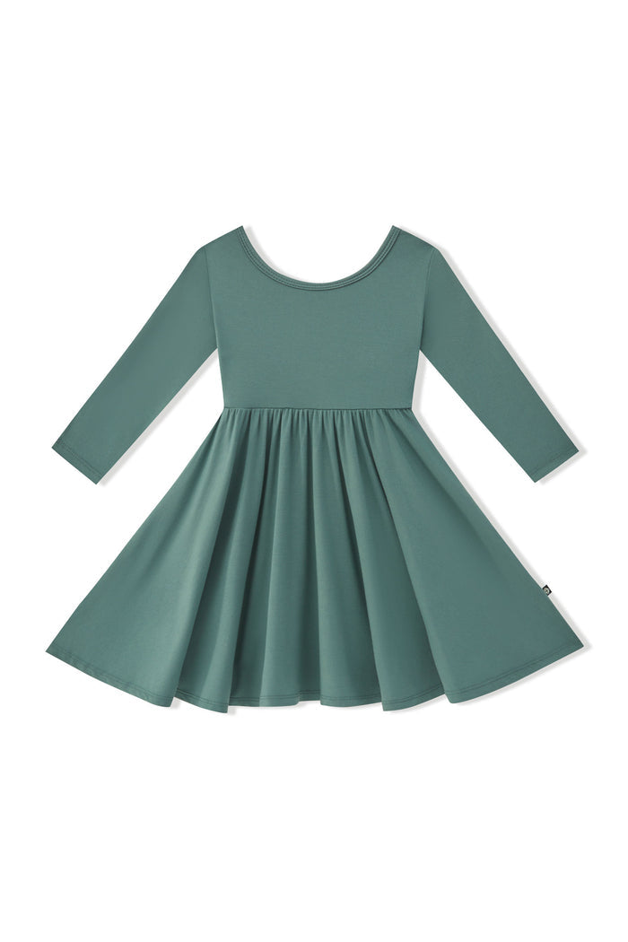Long Sleeve Twirl Dress in Pine on a white background