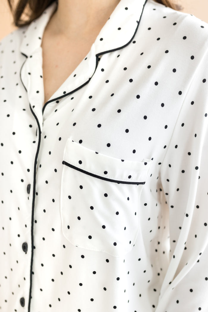 Women's long sleeve pajama set shirt with pocket in Midnight Polka dot print
