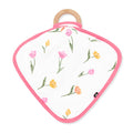 Front of the Lovey in Tulip with Removable Wooden Teething Ring showing attached to a wooden bring