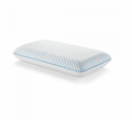 The Malouf HyperChill™ Technology Gel Memory Foam Pillow + Reversible Cooling Cover features a rectangular shape with a plain white cover adorned with a pattern of small blue dots. It is trimmed with a light blue border, and the slightly elevated surface indicates the presence of HyperChill™ Gel Memory Foam inside.