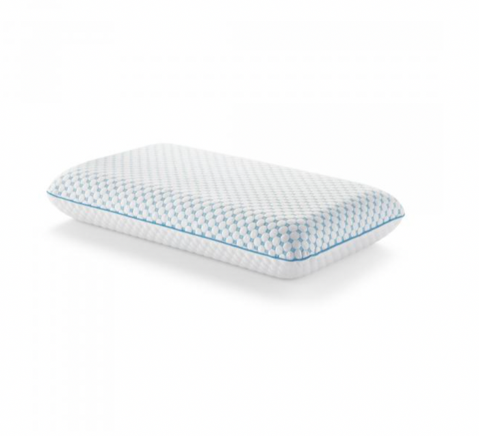 The Malouf HyperChill™ Technology Gel Memory Foam Pillow + Reversible Cooling Cover features a rectangular shape with a plain white cover adorned with a pattern of small blue dots. It is trimmed with a light blue border, and the slightly elevated surface indicates the presence of HyperChill™ Gel Memory Foam inside.