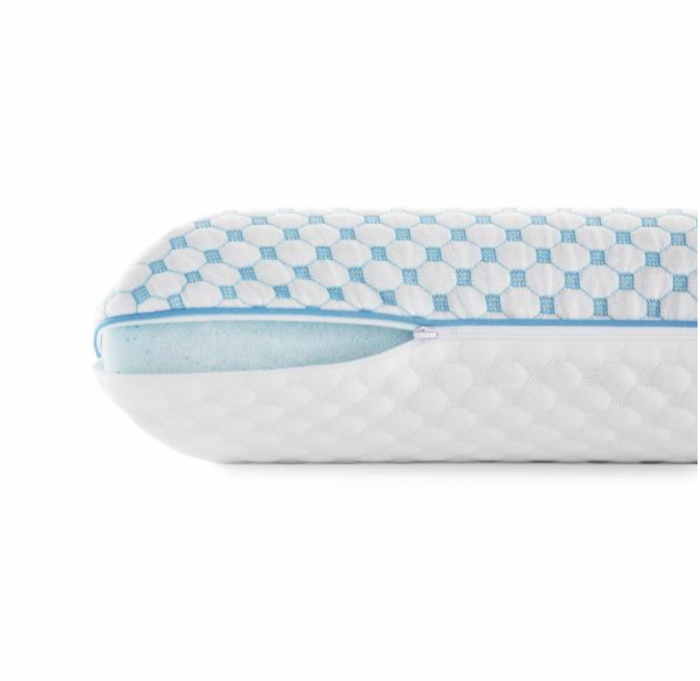 A close-up image of the Malouf HyperChill™ Technology Gel Memory Foam Pillow + Reversible Cooling Cover. The white pillow, adorned with a modern hexagonal pattern, features a blue zipper that is partially unzipped to reveal the HyperChill™ Gel Memory Foam interior. The reversible cooling cover showcases an eye-catching design of white and blue hexagons, offering a textured and contemporary appearance.