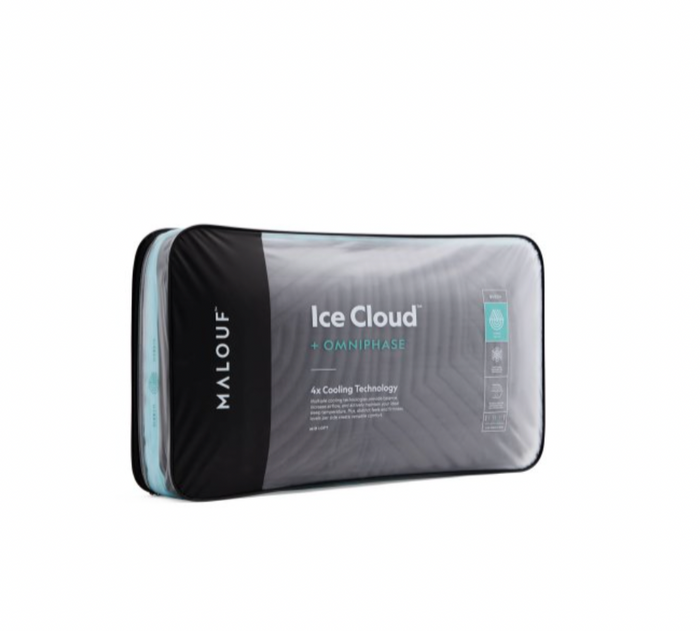 The rectangular package for the Malouf Ice Cloud™ Pillow, designed with a predominantly black and grey color scheme, showcases a sleek and modern look. It prominently features the label "Ice Cloud™ Pillow" by Malouf and makes bold claims about its "4x Cooling Technology." The front side combines text and icons to highlight features such as Cooling Gel Technology, promising a plush memory foam experience.