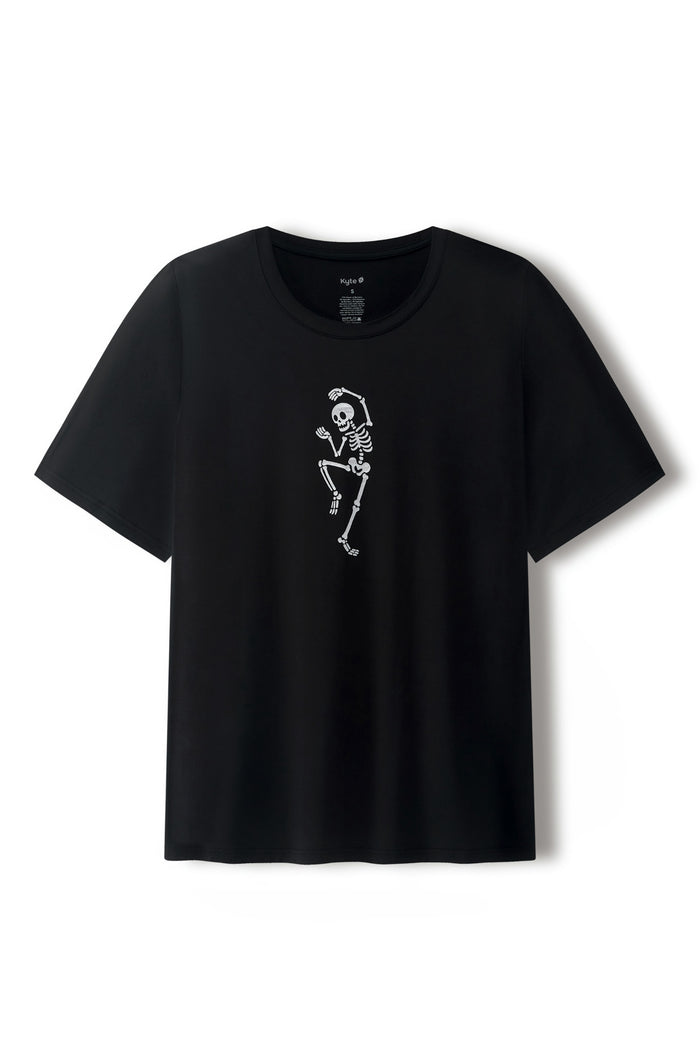 Black Men's Crew Neck Tee with Skeleton print in the center on a white background