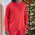 Close up of the Men's Long Sleeve Henley Top in Cardinal shown on a model