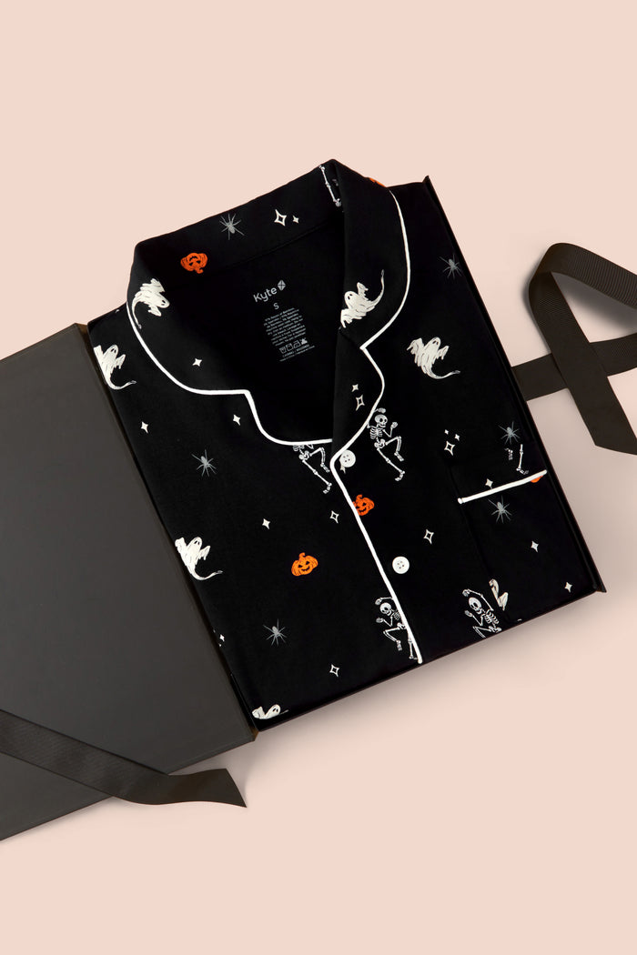 Men's Long Sleeve Pajama Set in Halloween Friends print packed in a box on a beige background