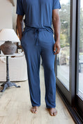 Model wearing Men's Lounge Pants in Oxford under similar color T-shirt